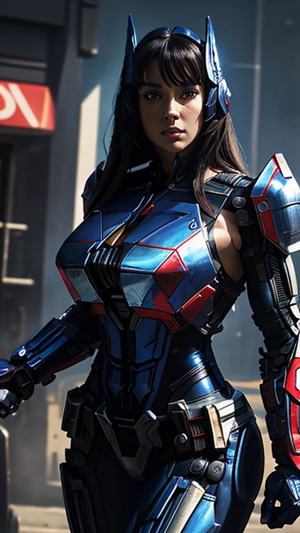 Transformers. Leader autobot: (A Woman Wearing a sexy half naked costume: futurist Optimus Prime Female armor bodysuit). Optimus prime (From bayverse) is reimagined as a human woman. 1girl, Solo, Breasts, Transformers, mechanic armor bodysuit. Hyperdetailed. Steel costume. Optimus Prime from michael bay movie's. High detailed metallic optimus prime helmet. Armor with battle damage. Blue & Red details. Cinematic composition. Depth of field. Showing her woman's face. Beautiful face. 
