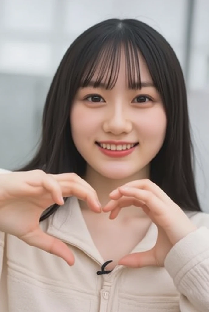 Only one woman with a cute smile wears cute, fluffy off-shoulder pajamas, makes a big heart shape with both hands, and poses them in front of her chest, View above collarbone、The background is a monotone 

