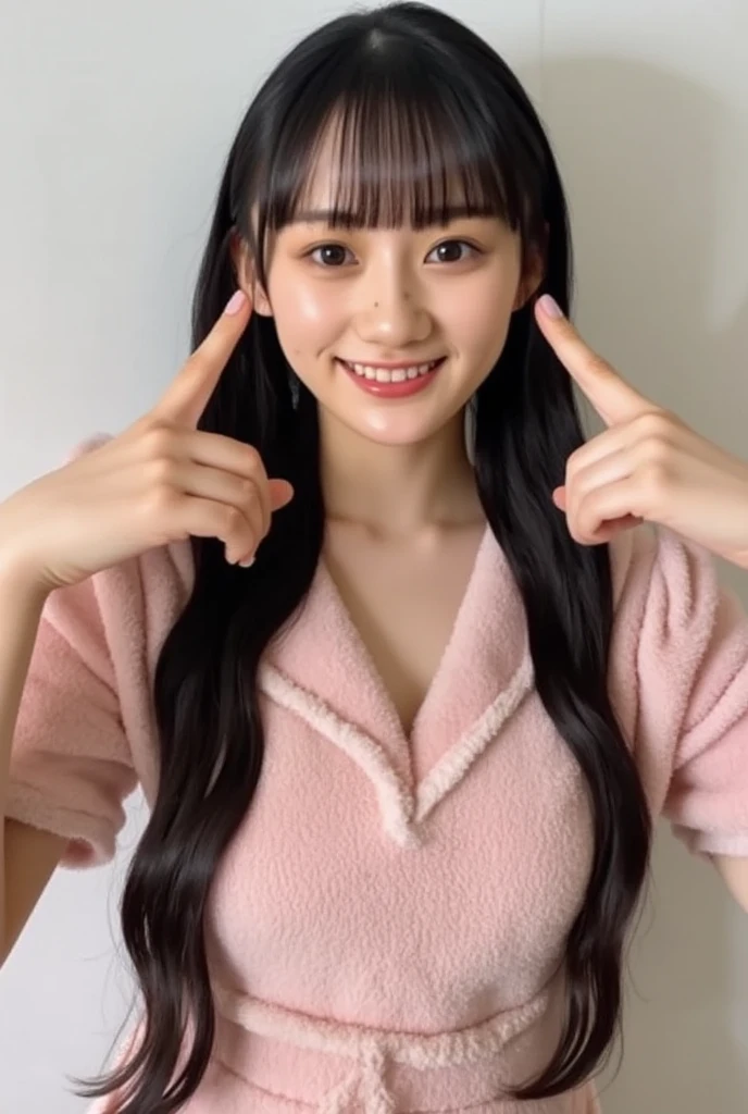 Only one woman with a cute smile wears cute, fluffy off-shoulder pajamas, makes a big heart shape with both hands, and poses them in front of her chest, View above collarbone、The background is a monotone 

