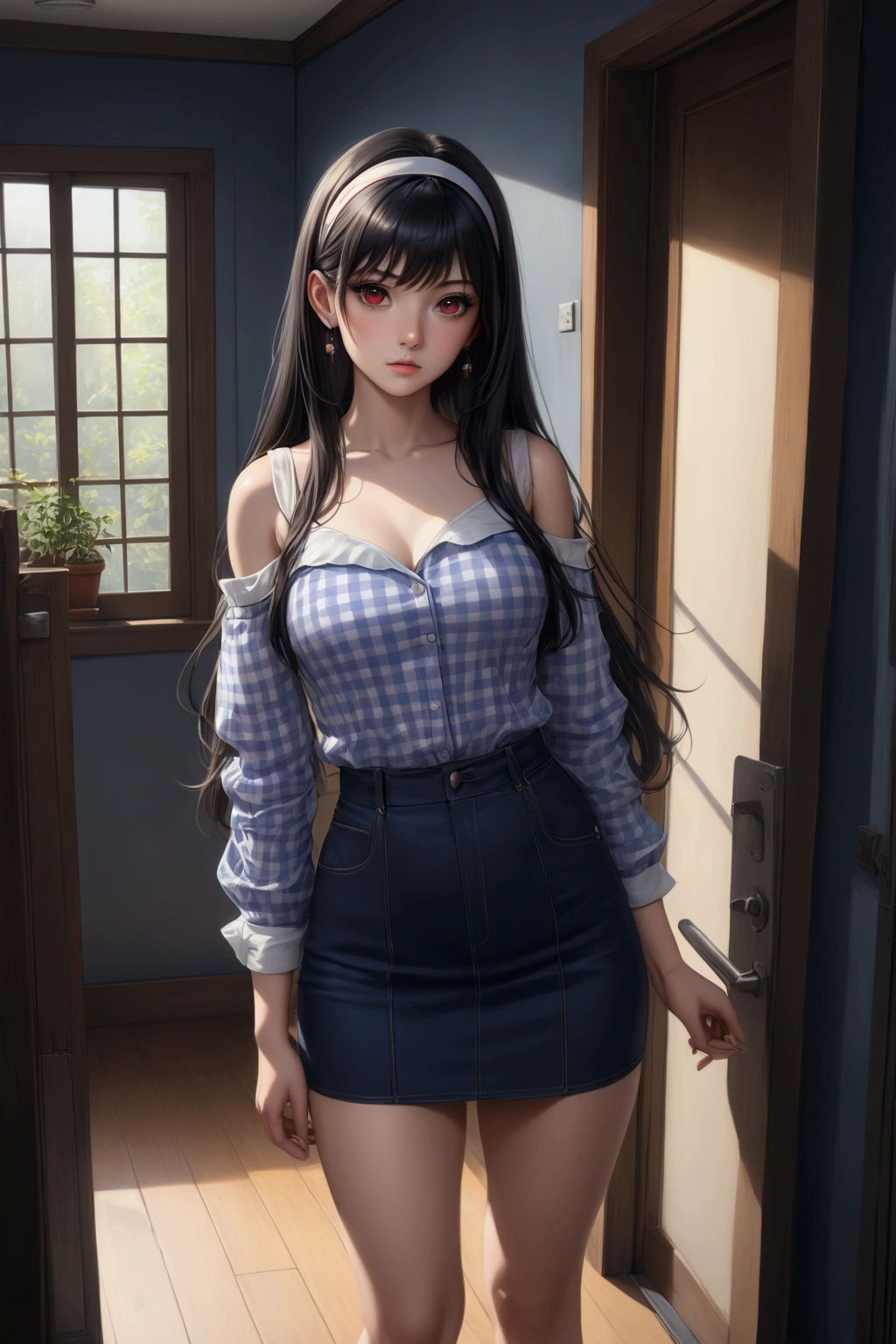 young asian-caucasian girl, {yor briar, black hair, red eyes, earrings, white hairband, hairband, long hair, sidelocks}, posing in front of house 's door, she is  long straight hair (+swept-side bang, black hair, blonde ombre, two colored hairs, hairband), wearing  long sleeves off-shoulder blouse (+blue checkered blouse), white shoulder straps, blue denim pencil mini skirt, BREAK, (1girl, solo, full body, looking at viewer, front view), (best quality,4k,8k,highres,masterpiece:1.2),ultra-detailed,(realistic,photo-realistic:1.37),cinematic lighting,moody lighting,dramatic shadows,vibrant colors, (expressive eyes, perfect face, perfect anatomy)