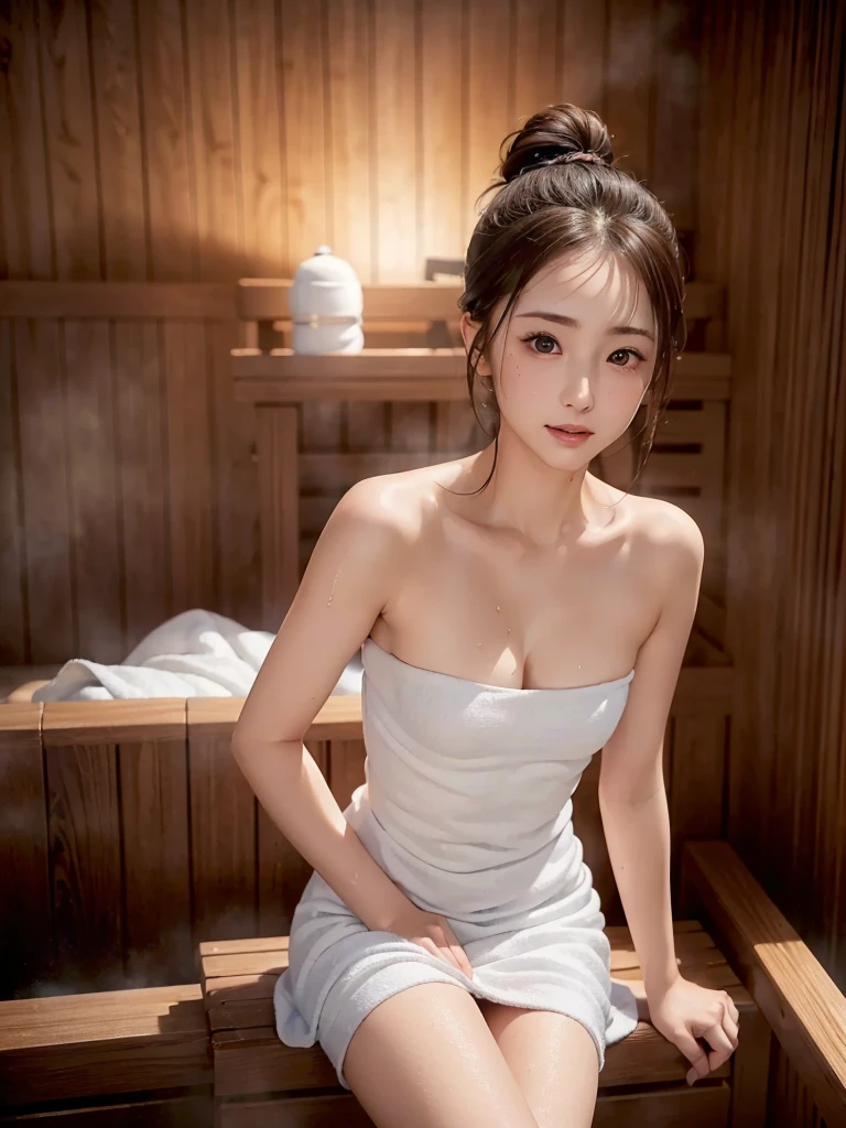 (1 female soloist):1.5, (sauna:1.3), (whole body:1.3), ( bun hair,  Dark brown hair ), (Best Quality,  photorealistic:1.4,  table top:1.3,  RAW Photos:1.2, Cinematic Light,  very detailed illustration), (Very carefully drawn face, Super Beautiful Maid,  Very delicate eyes , Ultra Detailed News, Highly detailed mouth, Highly detailed facial features, Ultra-detailed body, Detailed hips, Thigh details), (Small breasts:1.3),  highlight muscles ,  showing cleavage , (Very detailed towel fabric long dress:1.3,  Strapless ), (  Sweat a Lot  ), ( showing ),  lean forward, smile:0.8,  