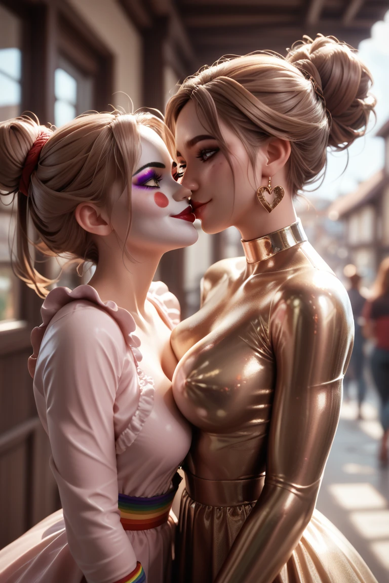 2 girls in extremely tight shiny metallic clown, Light brown hair, volumizing hair, Breasts,  seductive smile, Lens reflection, Reflected light, Are in town, Updo, kiss