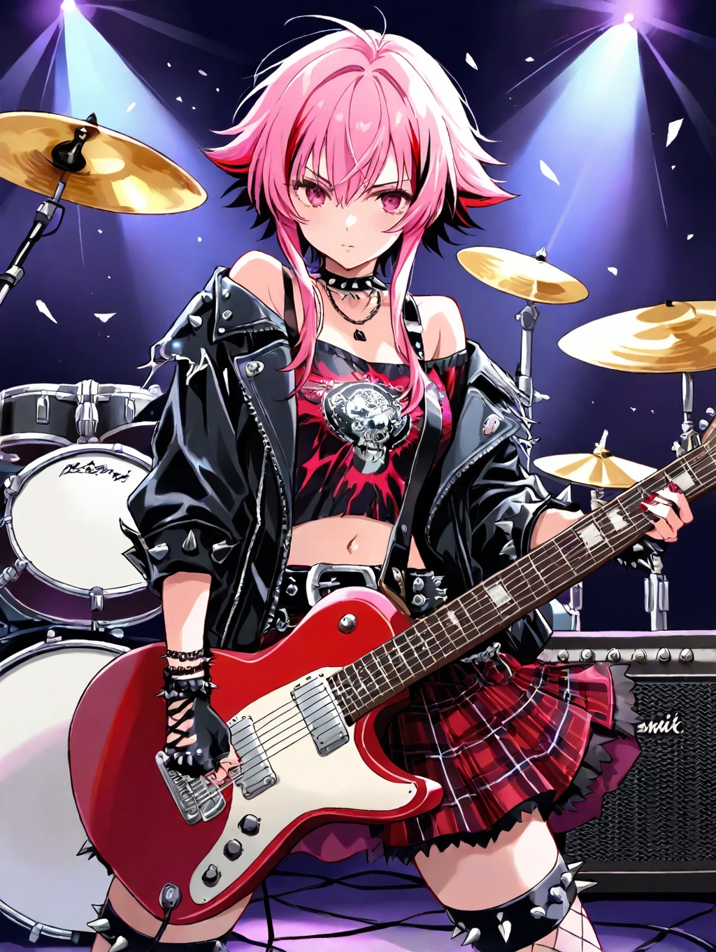 score_9 score_8_up score_7_up, source_anime, masterpiece, best quality, high resolution, absurdres, highres, 1girl, solo, a girl in Punk fashion on a stage, ((punk rocker, intense pose)), ((white_hair)), short hair, long locks, navel,((spikes, rivet, belts,chains)), (off-shoulder jacket, open jacket), ((black and red clothing)),Spotlight, Performance, Rock Band, Electric Guitar, Drum Kit, Amplifier