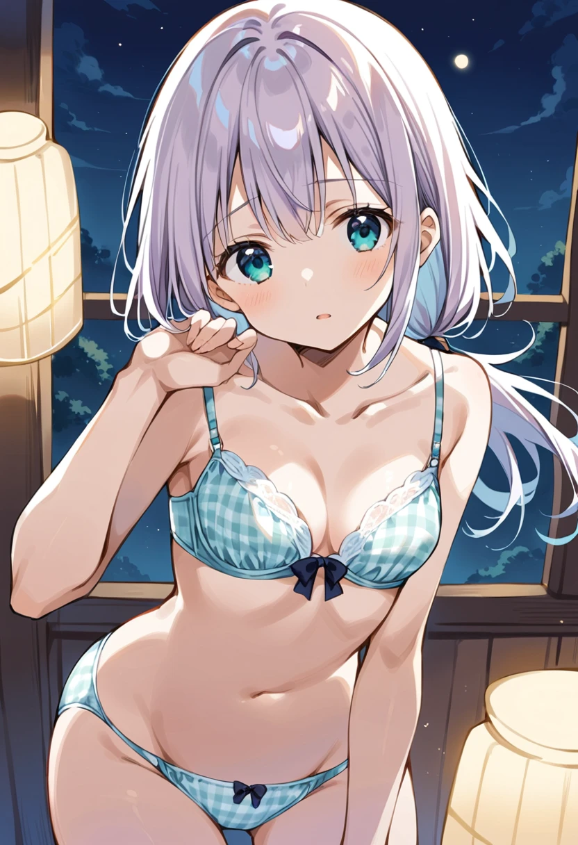 One girl,((Nozomi)),smile、Gentle expression、Welcome、The whole body is shown、night、Illuminated by lights、Sexy pose、Hotel、bed、Light green string panties and string bra、M-shaped legs、from below,A complete depiction of the human body,masterpiece, Highest quality, Game CG, ultra detailed、highres、extremely detailed CG