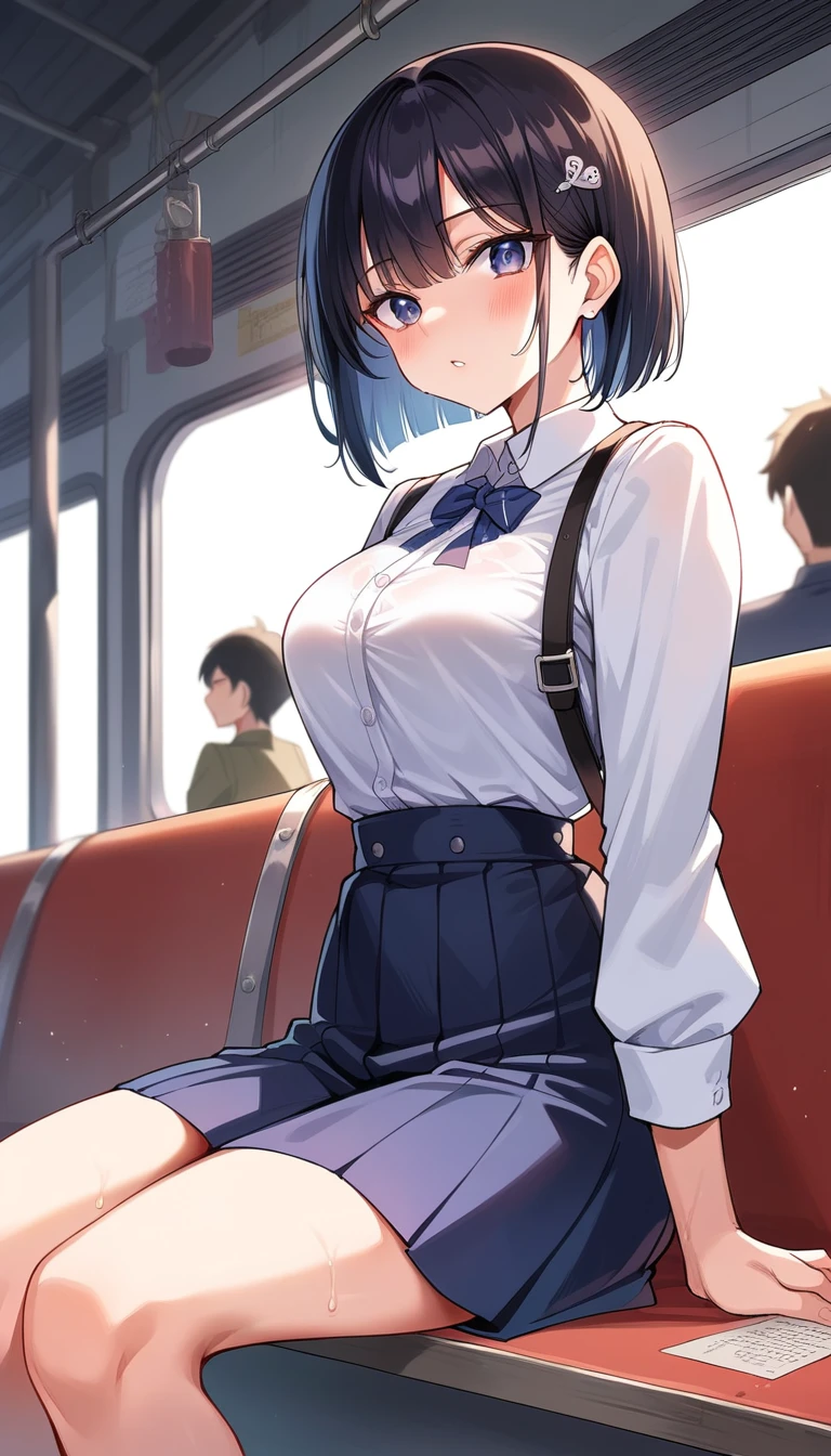 
An intricate illustration of a high-school girl sitting on a bench at a Japanese train station, captured with the highest quality and attention to detail. She has a one-curl bob cut with jet-black hair that reveals her forehead, accented by a small hairpin holding back a stray strand. Her skin has a light sheen, reflecting a slightly sweaty appearance, suggesting a warm day or recent activity. She sits with a soft, reflective expression, gazing into the distance, lost in thought. Her posture on the bench is relaxed but with a hint of shyness. The background shows the vibrant details of the train station, with signs in Japanese, subtle movement of people in the background, and a slightly blurred train approaching. The scene’s lighting and composition create an authentic, lifelike ambiance that emphasizes both the character's youthful charm and the bustling yet serene atmosphere of the Japanese station.