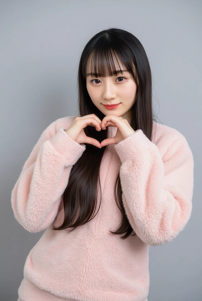 Only one woman with a cute smile wears cute, fluffy off-shoulder pajamas, makes a big heart shape with both hands, and poses them in front of her chest, View above collarbone、The background is a monotone 

