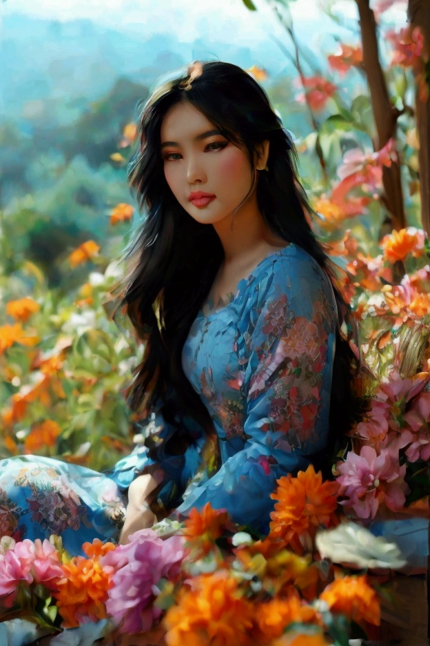 A beautiful  woman,long black hair ,in a Myanmar floral dress, sleeveless, sitting amidst a variety of fresh flowers in a retro blue hillside. The sunlight streams in, illuminating the scene and creating a whimsical and enchanting vibe. The image is detailed and vibrant, with a photorealistic quality, inspired by the look of Kodak Portra 800 film, capturing an 8k level of detail.