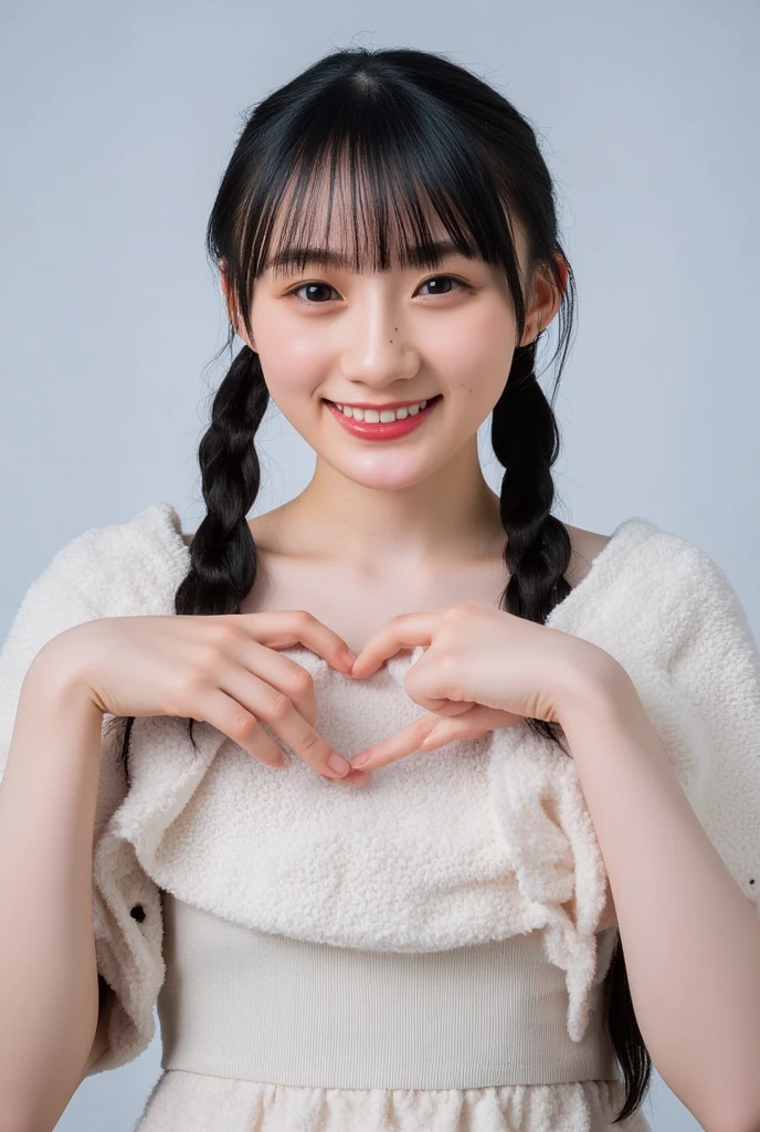 Only one woman with a cute smile wears cute, fluffy off-shoulder pajamas, makes a big heart shape with both hands, and poses them in front of her chest, View above collarbone、The background is a monotone 

