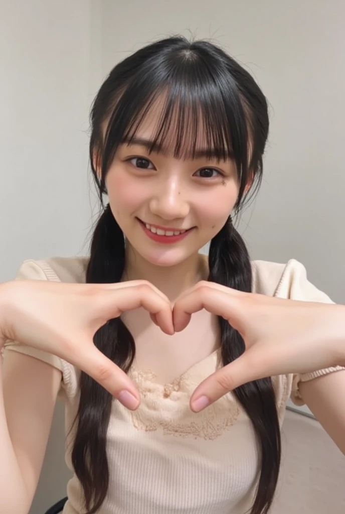 Only one woman with a cute smile wears cute, fluffy off-shoulder pajamas, makes a big heart shape with both hands, and poses them in front of her chest, View above collarbone、The background is a monotone 

