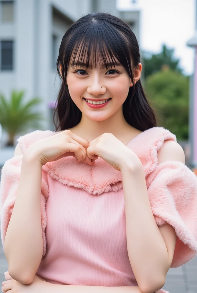 Only one woman with a cute smile wears cute, fluffy off-shoulder pajamas, makes a big heart shape with both hands, and poses them in front of her chest, View above collarbone、The background is a monotone 

