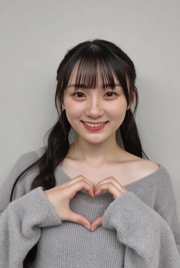 Only one woman with a cute smile wears cute, fluffy off-shoulder pajamas, makes a big heart shape with both hands, and poses them in front of her chest, View above collarbone、The background is a monotone 

