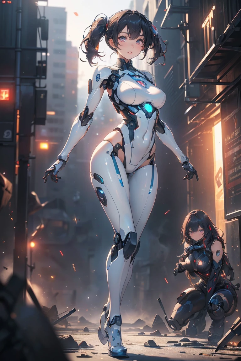 ((masterpiece, highest quality, Highest image quality, High resolution, photorealistic, Raw photo, Extremely detailed CG unified 8k wallpaper)), (huge stunning goddess shot, very hot and sexy, jaw-dropping beauty, perfect proportions, beautiful body, slim body beauty:1.4), cyborg girl holding and shooting machine guns in both hands, cyberpunk style, short red hair, golden eyes, laughing hysterically, flying shell casings reflecting neon light, dynamic action pose, Seductive pose, ( clear focus :1.2), ( depth of field :1.2), (  Full Body Shot  ,  Dynamic Angle),  Professional Lighting, break ( Ultra Definition Robot Standing with Machines Destroyed on a War-torn Battlefield),