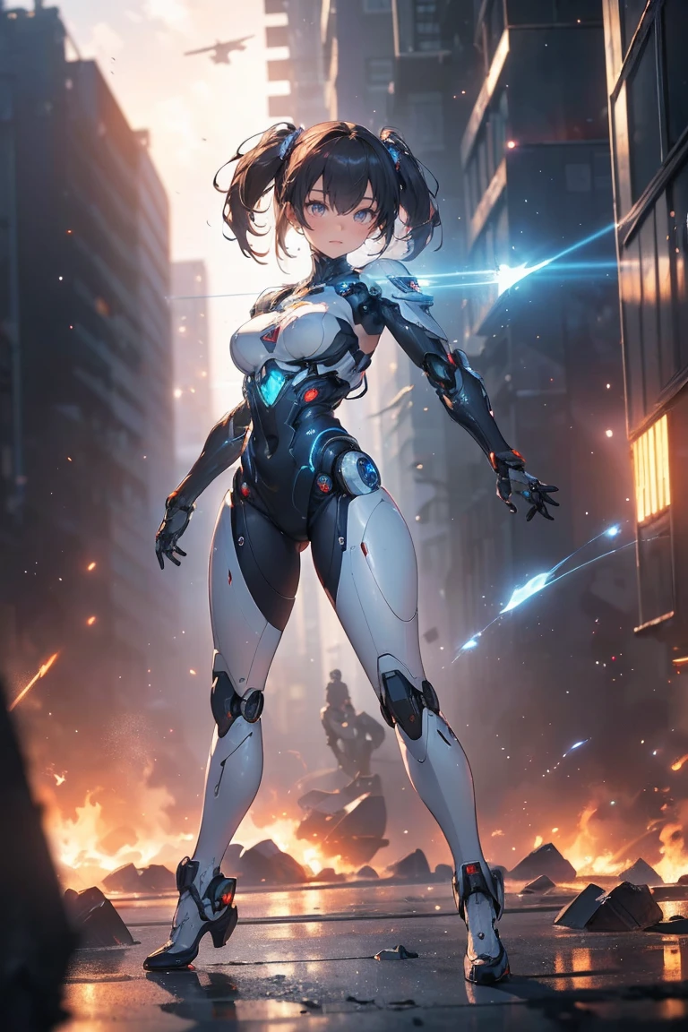 ((masterpiece, highest quality, Highest image quality, High resolution, photorealistic, Raw photo, Extremely detailed CG unified 8k wallpaper)), (huge stunning goddess shot, very hot and sexy, jaw-dropping beauty, perfect proportions, beautiful body, slim body beauty:1.4), cyborg girl holding and shooting machine guns in both hands, cyberpunk style, short red hair, golden eyes, laughing hysterically, flying shell casings reflecting neon light, dynamic action pose, Seductive pose, ( clear focus :1.2), ( depth of field :1.2), (  Full Body Shot  ,  Dynamic Angle),  Professional Lighting, break ( Ultra Definition Robot Standing with Machines Destroyed on a War-torn Battlefield),