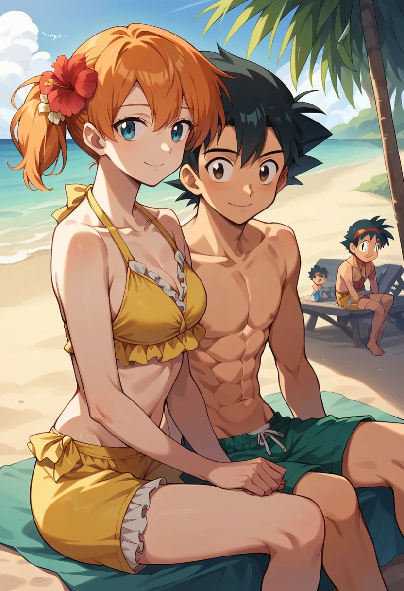 1boy, ash ketchum, black hair, brown eyes, hair between eyes, on beach, shirtless, blue male swimwear, handsome boy, macho, good looking boy, pkmnmisty, 1girl, blue eyes, orange hair, short hair, side ponytail, bangs, hair tie,yellow shirt, yellow bikini, frills, yellow shorts, bikini shorts, hair flower, hibiscus, sleeveless,smile,closed mouth,cowboy shot,sitting,outdoor,(insanely detailed, beautiful detailed face, masterpiece, best quality) cinematic lighting, at sunset