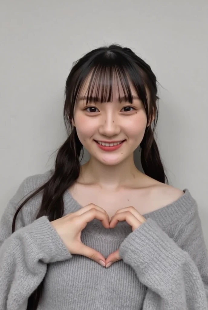 Only one woman with a cute smile wears cute, fluffy off-shoulder pajamas, makes a big heart shape with both hands, and poses them in front of her chest, View above collarbone、The background is a monotone 

