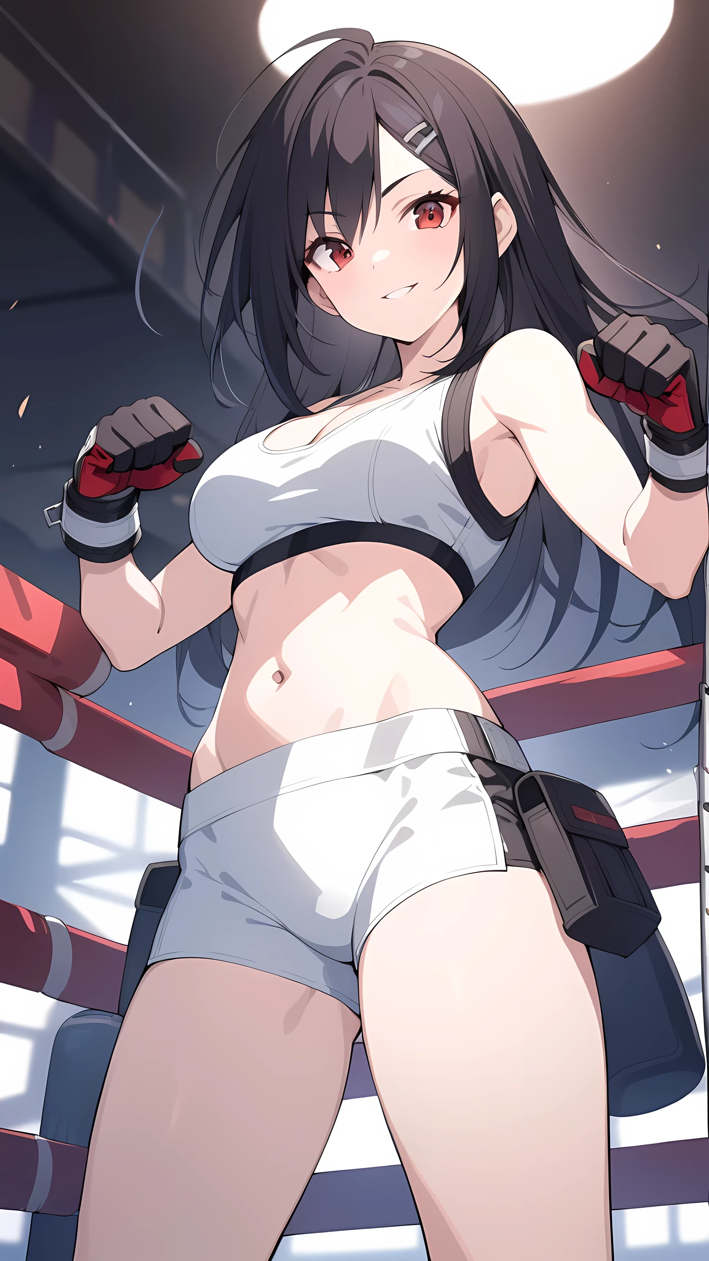 (Tifa Lockhart from Final Fantasy VII, black long hair, red eyes), (Age 25, Mature, cool and beautiful face, 1girl, solo), a beautiful, extremely detailed, detailed eyes, detailed iris, natural lighting, white sports bra, athlete spats, mma gloves, sleeveless, bare thigh, cleavage, belly button, Toned body, slim long legs, in boxing ring, serious smile, (victory poses:1.5), (cowboy shot:1.5), looking at viewer, closeup face, from below,