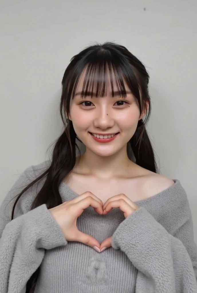 Only one woman with a cute smile wears cute, fluffy off-shoulder pajamas, makes a big heart shape with both hands, and poses them in front of her chest, View above collarbone、The background is a monotone 

