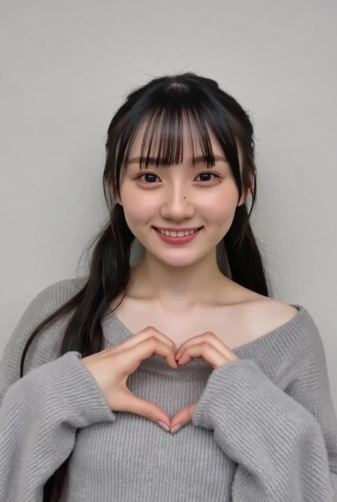 Only one woman with a cute smile wears cute, fluffy off-shoulder pajamas, makes a big heart shape with both hands, and poses them in front of her chest, View above collarbone、The background is a monotone 

