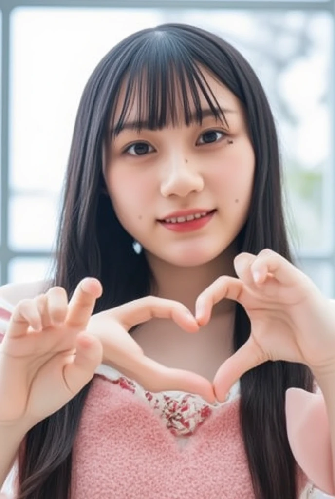 Only one woman with a cute smile wears cute, fluffy off-shoulder pajamas, makes a big heart shape with both hands, and poses them in front of her chest, View above collarbone、The background is a monotone 

