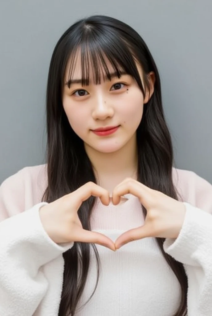 Only one woman with a cute smile wears cute, fluffy off-shoulder pajamas, makes a big heart shape with both hands, and poses them in front of her chest, View above collarbone、The background is a monotone 

