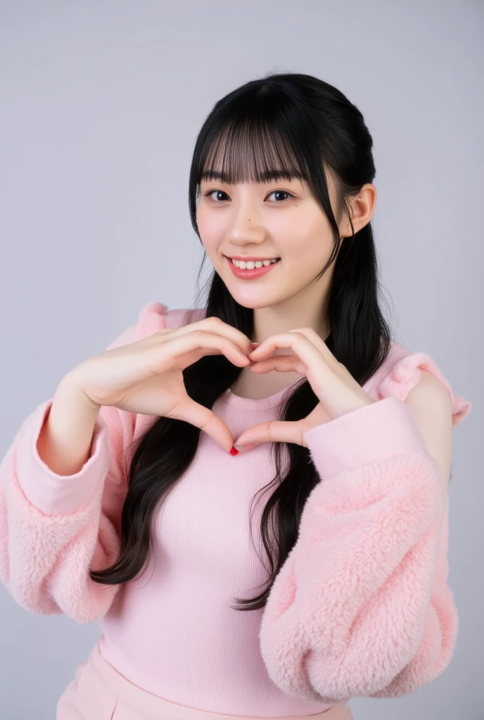 Only one woman with a cute smile wears cute, fluffy off-shoulder pajamas, makes a big heart shape with both hands, and poses them in front of her chest, View above collarbone、The background is a monotone 

