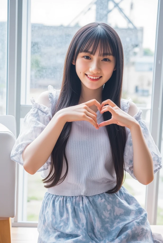 Only one woman with a cute smile wears cute, fluffy off-shoulder pajamas, makes a big heart shape with both hands, and poses them in front of her chest, View above collarbone、The background is a monotone 

