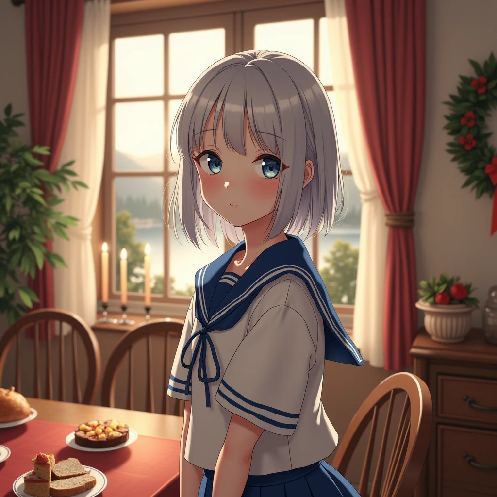  female middle school student、The most beautiful 。Northern European features。A radiant smile。With a delicate figure、 flat chest。Glowing silver-white hair。The bangs are neatly trimmed。 the length of the hair is bob cut to the shoulder 。 eyes are large almond-shaped and 、Blue Eyes。Wear Japanese student sailor uniforms 、The colors are white and royal blue 。 Micro Mini Skirt 。Thanksgiving atmosphere。Location、 in the dining room of a private US house、 Thanksgiving decorations such as candles and wreaths and Thanksgiving food such as cake and turkey。There is a large window 、You can see the forest and lake with autumn leaves from the window 。