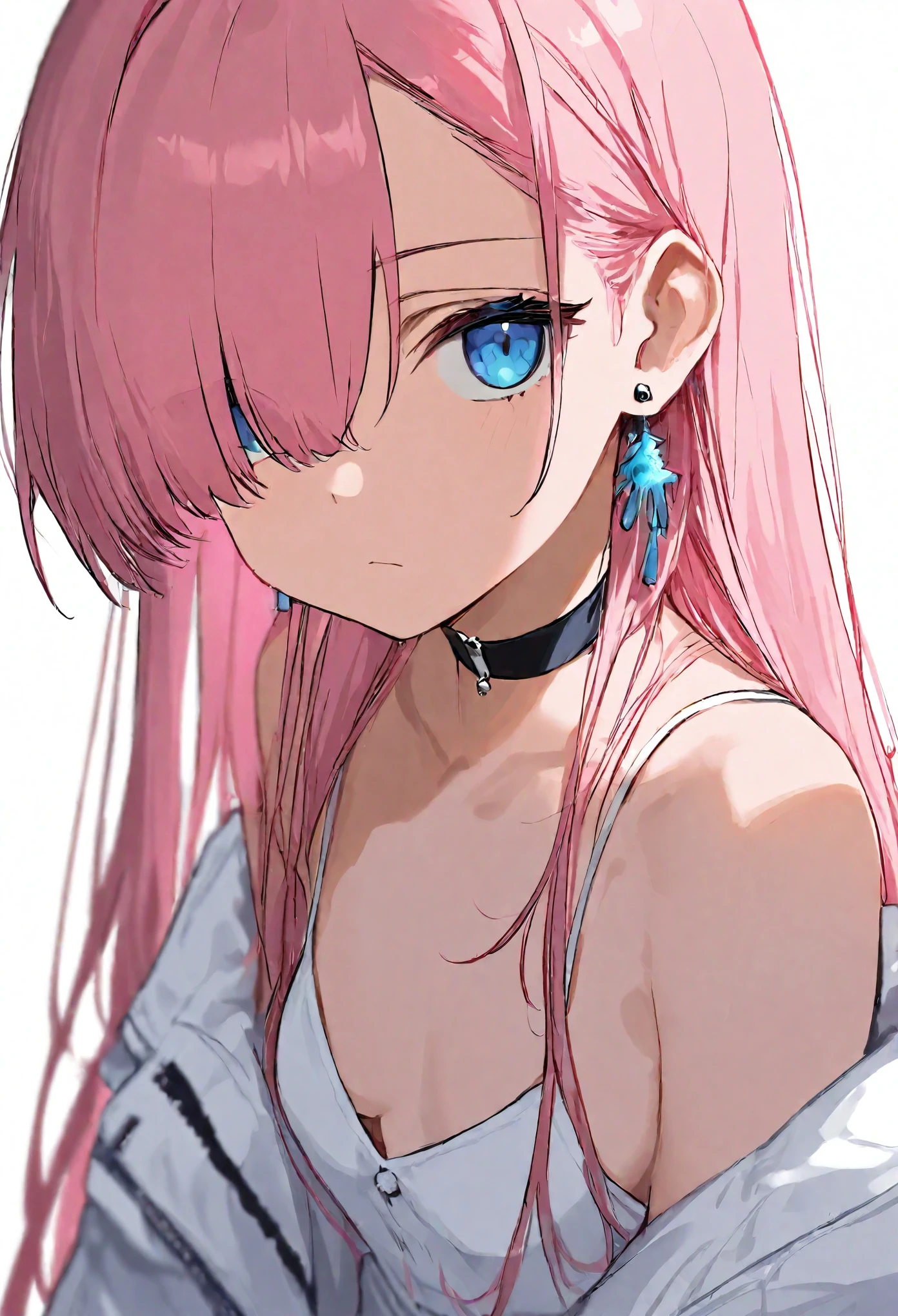 best quality,masterpiece,absurdres,newest,
1girl, solo, pink hair, blue eyes, white background, jacket, choker, looking at viewer, small breasts, simple background, white jacket, hair over one eye, spaghetti strap, earrings, long hair, bangs, closed mouth