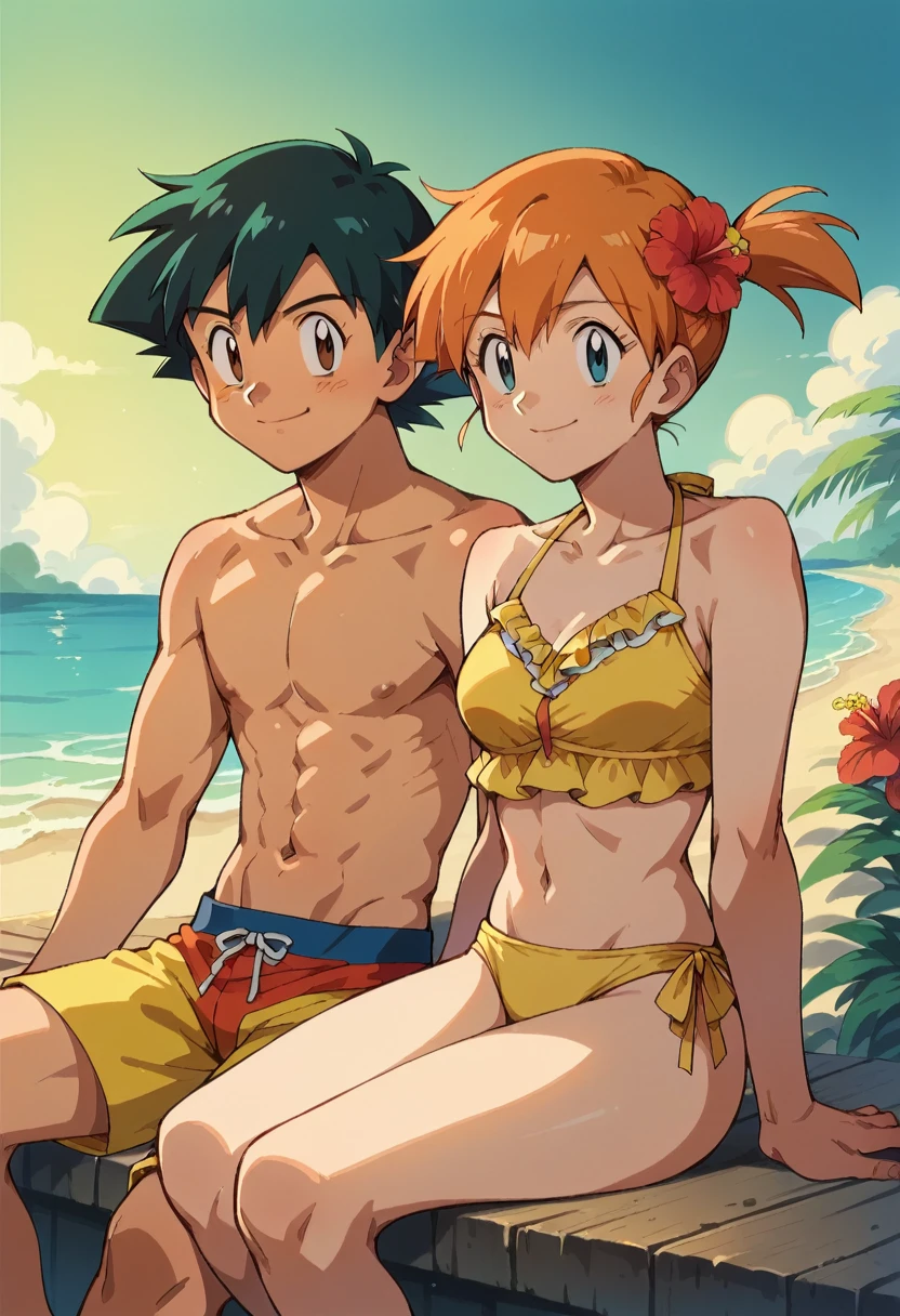 1boy, ash ketchum, black hair, brown eyes, hair between eyes, on beach, shirtless, blue male swimwear, handsome boy, macho, good looking boy, pkmnmisty, 1girl, blue eyes, orange hair, short hair, side ponytail, bangs, hair tie,yellow shirt, yellow bikini, frills, yellow shorts, bikini shorts, hair flower, hibiscus, sleeveless,smile,closed mouth,cowboy shot,sitting,outdoor,(insanely detailed, beautiful detailed face, masterpiece, best quality) cinematic lighting, at sunset