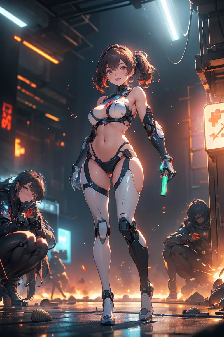 ((masterpiece, highest quality, Highest image quality, High resolution, photorealistic, Raw photo, Extremely detailed CG unified 8k wallpaper)), (huge stunning goddess shot, very hot and sexy, jaw-dropping beauty, perfect proportions, beautiful body, slim body beauty:1.4), cyborg girl holding and shooting machine guns in both hands, cyberpunk style, short red hair, golden eyes, bikini, astronaut, laughing hysterically, flying shell casings reflecting neon light, dynamic action pose, Seductive pose, ( clear focus :1.2), ( depth of field :1.2), (  Full Body Shot  ,  Dynamic Angle),  Professional Lighting, break ( Ultra Definition Robot Standing with Machines Destroyed on a War-torn Battlefield),