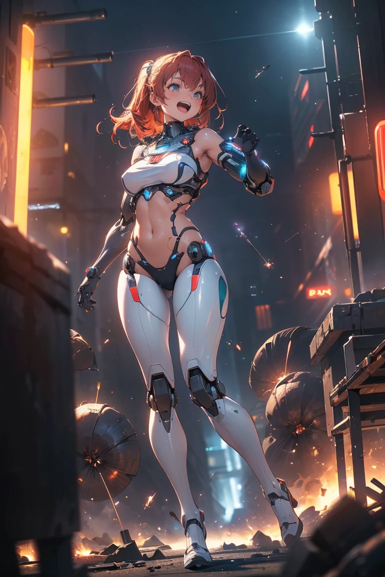 ((masterpiece, highest quality, Highest image quality, High resolution, photorealistic, Raw photo, Extremely detailed CG unified 8k wallpaper)), (huge stunning goddess shot, very hot and sexy, jaw-dropping beauty, perfect proportions, beautiful body, slim body beauty:1.4), cyborg girl holding and shooting machine guns in both hands, cyberpunk style, short red hair, golden eyes, bikini, astronaut, laughing hysterically, flying shell casings reflecting neon light, dynamic action pose, Seductive pose, ( clear focus :1.2), ( depth of field :1.2), (  Full Body Shot  ,  Dynamic Angle),  Professional Lighting, break ( Ultra Definition Robot Standing with Machines Destroyed on a War-torn Battlefield),