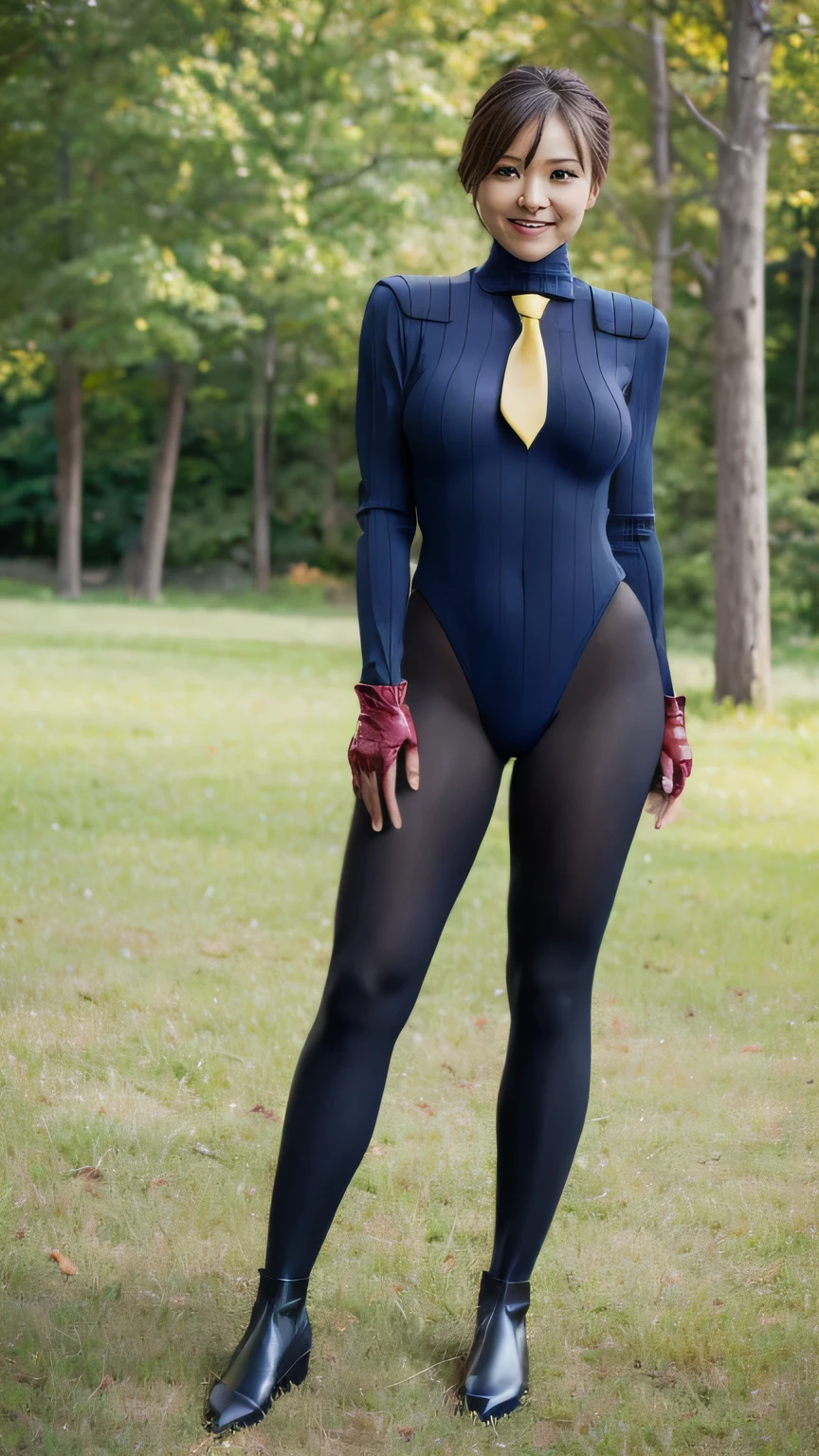best quality 、8k、masterpiece、 ultra high resolution 、Clear Photo、 professional lighting 、Natural Light、Realistic、 High Definition Skin、 perfect anatomy 、 one woman、Age 30、:1.8、(Big Breasts、saggy breasts:1.4、 no bra )、blonde、Beautiful Hair、smile、((navy blue ribbed bodysuit、Yellow tie、Red Gloves、 black pantyhose))、Plateau scenery、On the grass、((( full body shot)))