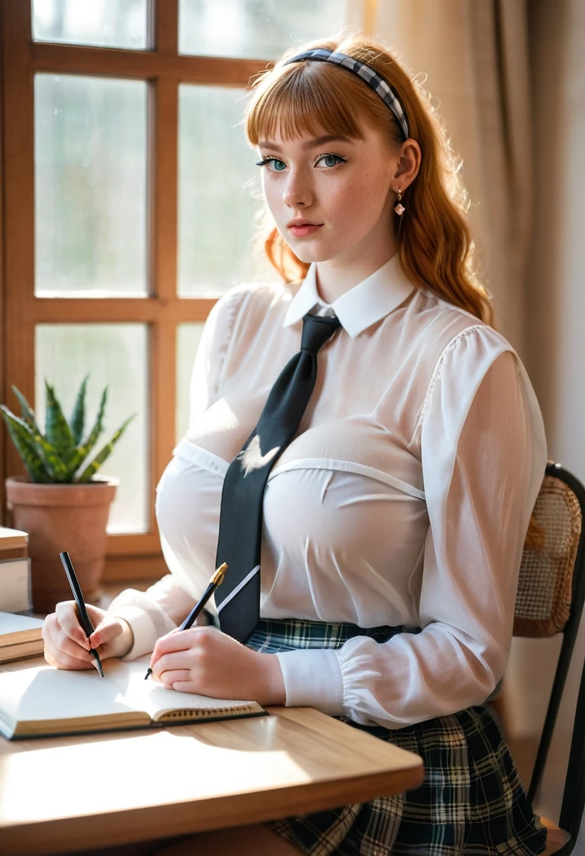 photographic, beautiful young dutch ginger girl, gorgeous face, thick eyeliner, winged_eyeliner, bangs, sitting on small metal chair, writing in notebook at student desk, wearing tight white see through blouse and plaid skirt, undone tie, earrings, hairband, extra_large bust, indoors, soft lighting, window with sunlight, cozy room, intricate details, warm colors, cleavage, massive breasts are bursting out of top, ((extra_large_bust:2.8))