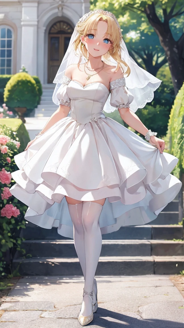 ultra detailed, sharp focus, best quality, masterpiece, colorful, mariacampbell, 1girl, blonde hair, full body shot, blush, intricate details, glossy lips, standing, layered wedding dress, garden, city, necklace, skirt parted in front, white thigh highs, light smile