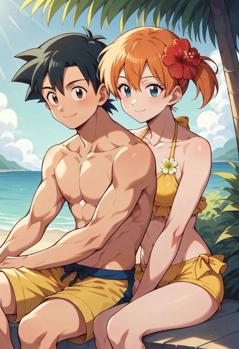 1boy, ash ketchum, black hair, brown eyes, hair between eyes, on beach, shirtless, blue male swimwear, handsome boy, macho, good looking boy, pkmnmisty, 1girl, blue eyes, orange hair, short hair, side ponytail, bangs, hair tie,yellow shirt, yellow bikini, frills, yellow shorts, bikini shorts, hair flower, hibiscus, sleeveless,smile,closed mouth,cowboy shot,sitting,outdoor,(insanely detailed, beautiful detailed face, masterpiece, best quality) cinematic lighting, at sunset