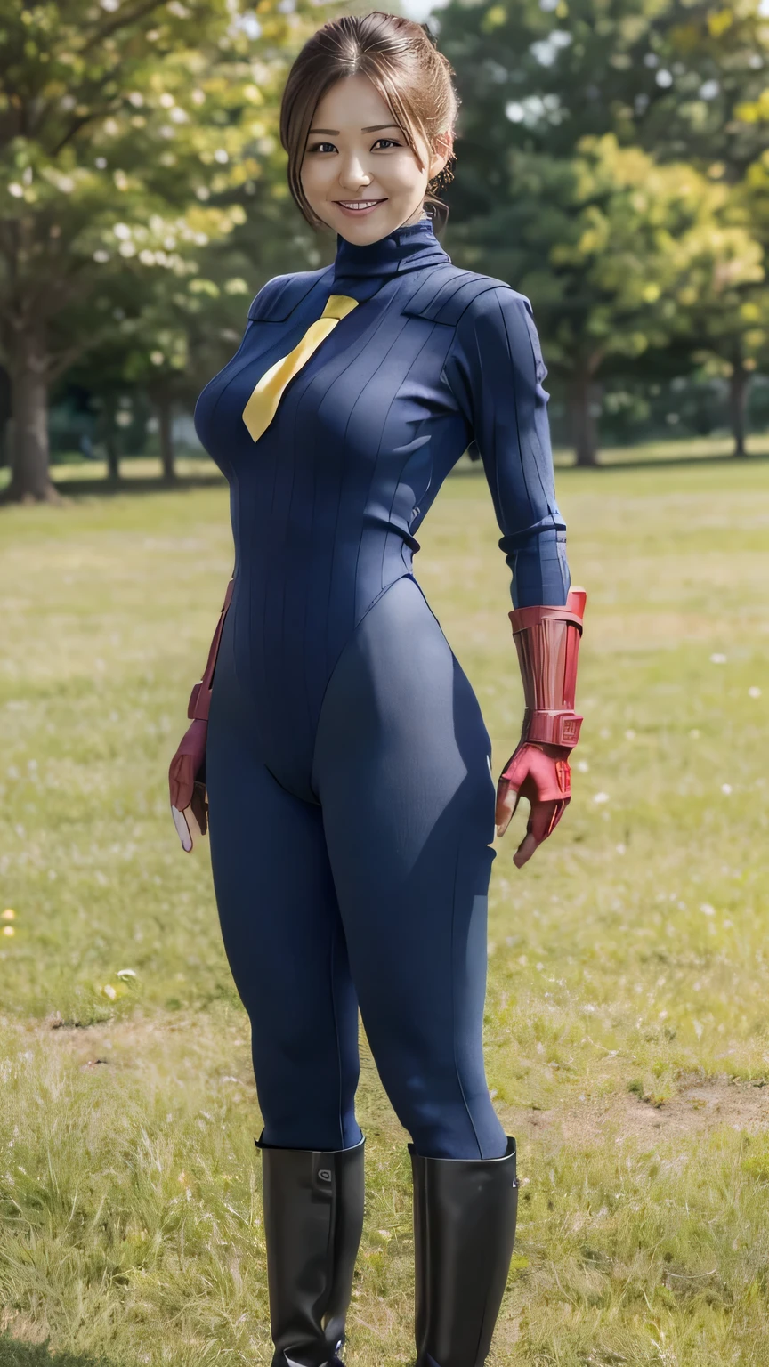 best quality 、8k、masterpiece、 ultra high resolution 、Clear Photo、 professional lighting 、Natural Light、Realistic、 High Definition Skin、 perfect anatomy 、 one woman、Age 30、:1.8、(Big Breasts、saggy breasts:1.4、 no bra )、blonde、Beautiful Hair、smile、((navy blue ribbed bodysuit、 high neck、Yellow tie、red gloves))、Plateau scenery、On the grass、( full body shot)