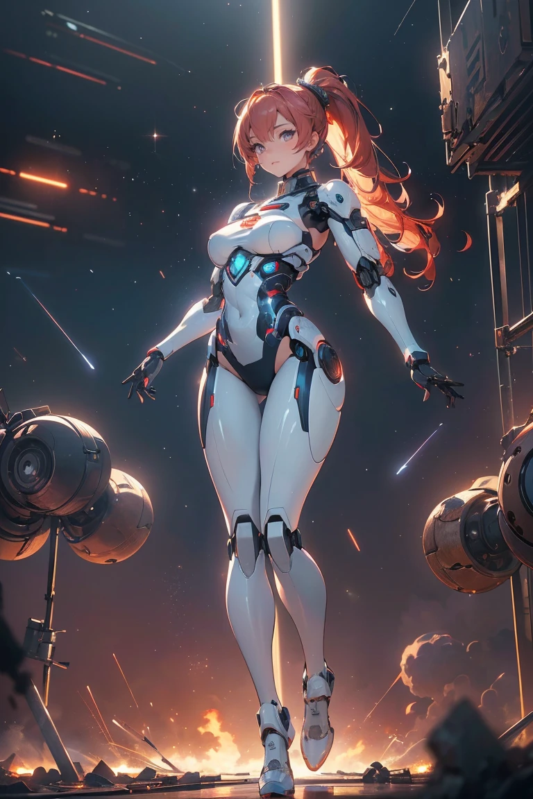 ((masterpiece, highest quality, Highest image quality, High resolution, photorealistic, Raw photo, Extremely detailed CG unified 8k wallpaper)), (huge stunning goddess shot, very hot and sexy, jaw-dropping beauty, perfect proportions, beautiful body, slim body beauty:1.4), cyborg girl holding and shooting machine guns in both hands, cyberpunk style, ponytail, red hair, golden eyes, bikini, astronaut, laughing hysterically, flying shell casings reflecting neon light, dynamic action pose, Seductive pose, ( clear focus :1.2), ( depth of field :1.2), (  Full Body Shot  ,  Dynamic Angle),  Professional Lighting, break ( Ultra Definition Robot Standing with Machines Destroyed on a War-torn Battlefield),