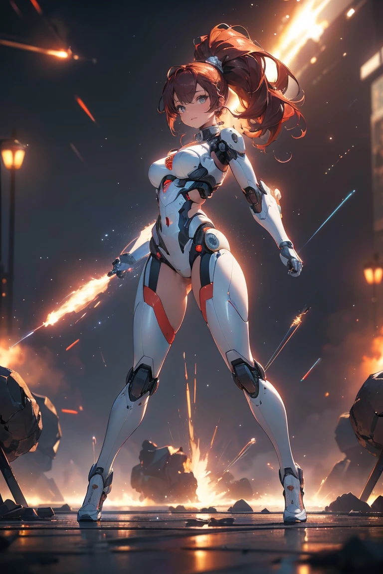 ((masterpiece, highest quality, Highest image quality, High resolution, photorealistic, Raw photo, Extremely detailed CG unified 8k wallpaper)), (huge stunning goddess shot, very hot and sexy, jaw-dropping beauty, perfect proportions, beautiful body, slim body beauty:1.4), cyborg girl holding and shooting machine guns in both hands, cyberpunk style, ponytail, red hair, golden eyes, bikini, astronaut, laughing hysterically, flying shell casings reflecting neon light, dynamic action pose, Seductive pose, ( clear focus :1.2), ( depth of field :1.2), (  Full Body Shot  ,  Dynamic Angle),  Professional Lighting, break ( Ultra Definition Robot Standing with Machines Destroyed on a War-torn Battlefield),