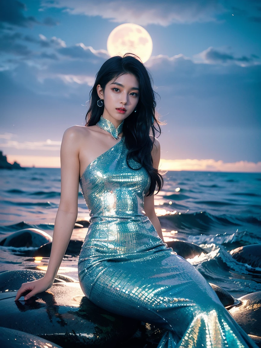  beautiful mermaids and flowing ,Rainbow scales and long, blue dress . She is sitting on a rock by the sea under the moonlight,surrounded by  gentle waves  and sparkling 海生动物.,(style: fantasy,  actual ),(details: Long hair, Rainbow scales, moonlight, 海生动物,  gentle waves ),(Anatomically correct),最 high quality , high quality ,16K, very ridiculous ,  Very detailed, detailed and beautiful eyes , smooth and beautiful skin , Beautiful Hair ，shiny details, carefully drawing details , complex gradations like watercolor ,Bright colors, excellent color balance ,happy dream, Zentangle elements ,Rendering, chanting colorful mantras ,((flash)),Hologram processing ,Excellent,Magic Effects, place fine light particles , carefully draw facial lines ,Natural Makeup,Attractive,Perfect proportions