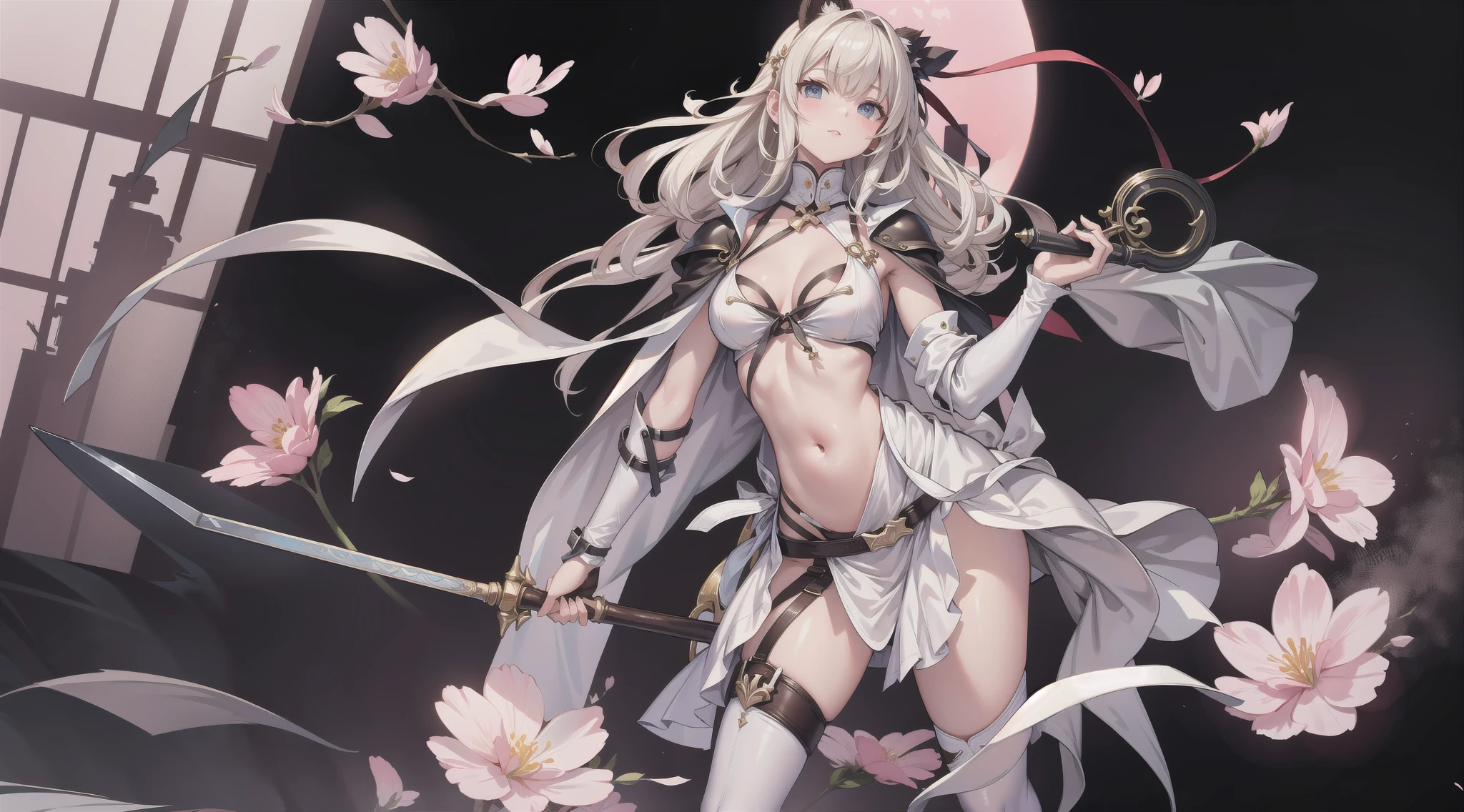 masterpiece, best quality, <lora:ZeroDrakenGardV3:1>, WhiteOutfit, 1girl, flower over eye, long hair, breasts, white hair, medium breasts, red eyes, outdoors, sleeping upright, leaning on weapon