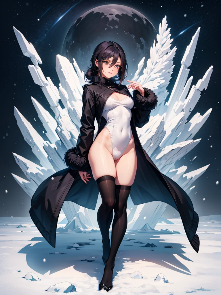 Reze, girl, snow fall, heavy snow fall, night time, winter open zip black colour sweater, white stockings, looking at viwer,hands up, perfect body, perfect anatomy, perfect body, perfect finger, perfect legs,best art,high resolution,8k resolution,8k quality,best quality artwork, award winning, beautiful girl, beautiful face,1girl,solo,shaonv,fur-trimmed coat,smile,black coat, smooth colours, perfect body colour, black Hair,
Short hairs, Green Eyes, A strip of hair between eyes,
Winter Tree, Mountain Background, Ice Background