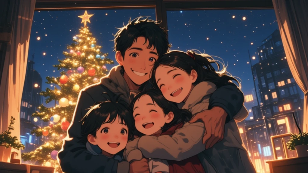 (Masterpiece, high quality, high definition, 4K, 8k,（（ anatomically correct human body 、Detailed face））、Cute anime style、detail、）、Christmas Night、家のクリスマスツリーの前でfamilyの記念写真を取ろうとしている、family（（Cool dad 、cute mom 、（可愛い中学生1 person）、（1 person）、 girl（1 person）））、パパは背後からfamilyを両手で抱きしめている、ママと girlは頬をくっつけてハグしている、 everyone smiles and looks happy 、 the Christmas tree decorations inside the house are sparkling 、 outside the back window is snowing in the dark at night 、familyの幸せの雰囲気、Cute Anime 、家の光でfamilyの表情が明るく見える、It's snowing outside （ anatomically correct human body 、 anatomically correct hand、 detailed and cute smile ）、見るものが感動するくらい幸せで暖かなfamily、