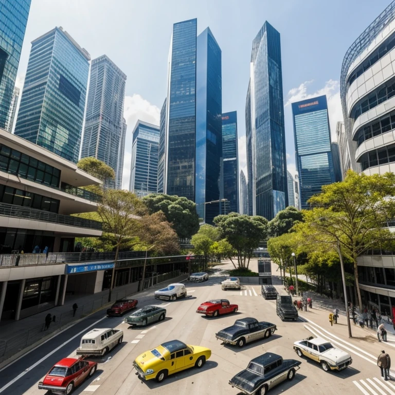 a futuristic museum with old cars, vintage computers, ancient weapons, vegetables in glass displays, surrounded by a futuristic city with skyscrapers and advanced architecture, with people exploring the exhibits