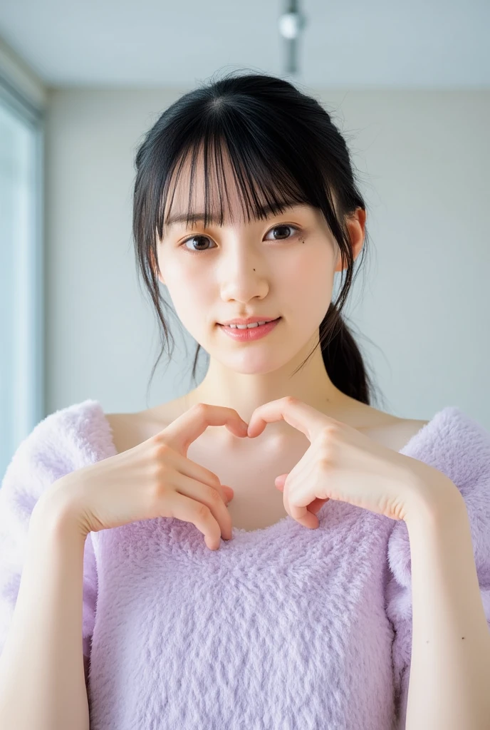 Only one woman with a cute smile wears cute, fluffy off-shoulder pajamas, makes a big heart shape with both hands, and poses them in front of her chest, View above collarbone、The background is a monotone 

