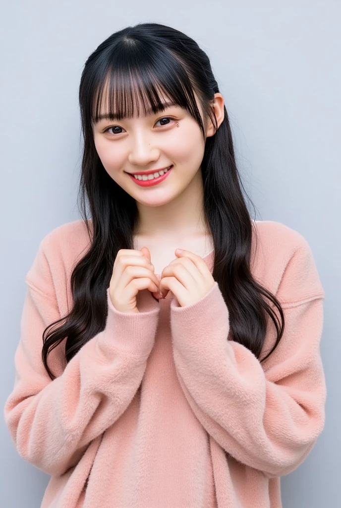 Only one woman with a cute smile wears cute, fluffy off-shoulder pajamas, makes a big heart shape with both hands, and poses them in front of her chest, View above collarbone、The background is a monotone 

