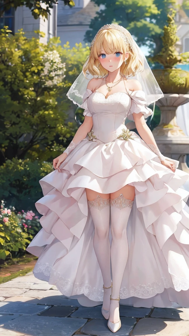 ultra detailed, sharp focus, best quality, masterpiece, colorful, mariacampbell, 1girl, blonde hair, full body shot, blush, intricate details, glossy lips, standing, layered wedding dress, garden, city, necklace, skirt parted in front, white thigh highs