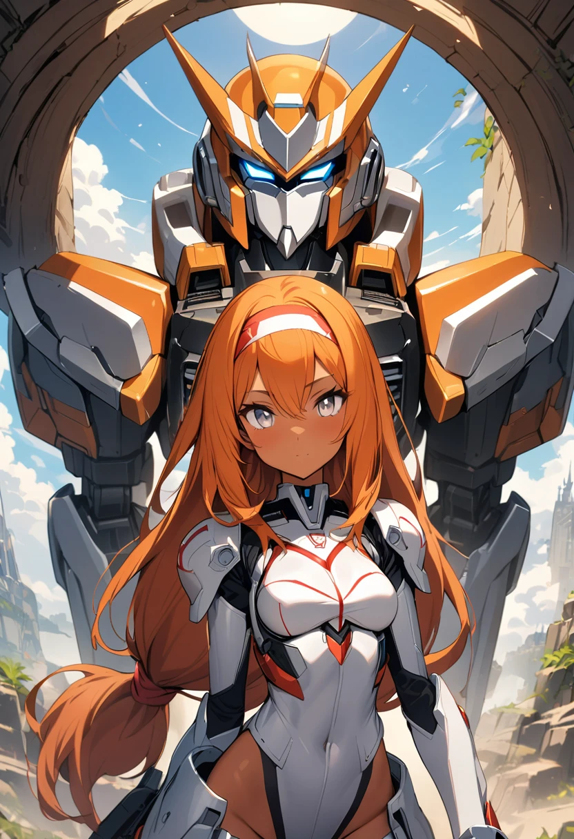 Masterpiece, Best Quality, 1 girl,, extra very long hair, orange hair, tan, low-tied long red headband, white eyes, large orange hair, white eyes, Autobot's white and black armor, arch, Masterpiece, hiquality