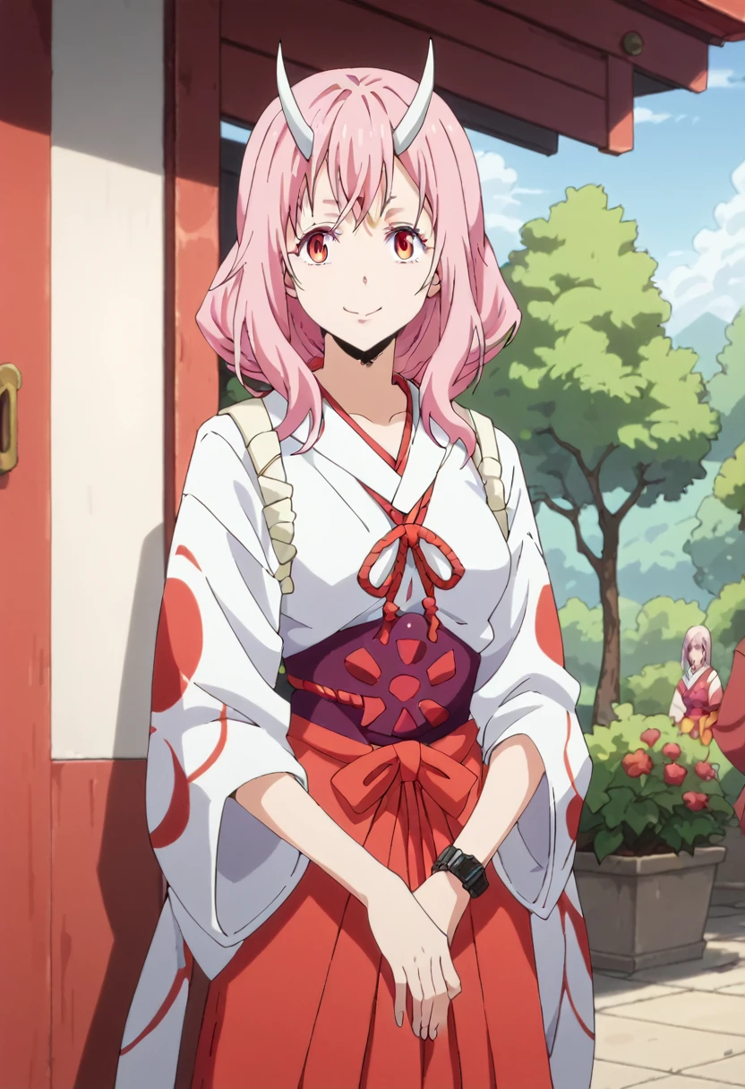   score_9,   score_8_up,   score_7_up, Watch Viewers ,   cowboy shot, slimes_shuna, white horns,  pink hair, kimono, kimono, Red Hakama,  one woman, smile, Detailed eyes,