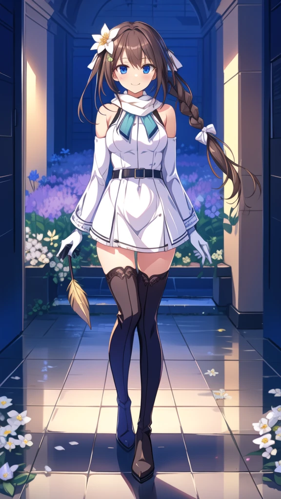 1girl, solo, breasts, looking at viewer, smile, sitting, brown hair, hair ornament, bow, ribbon, gloves, dress, thighhighs, holding, hair between eyes, closed mouth, bare shoulders, medium breasts, standing, full body, blue eyes, braid, hair ribbon, multicolored hair, red hair, flower, sidelocks, boots, detached sleeves, sky, black gloves, hair flower, white dress, holding weapon, scarf, white thighhighs, holding book, thigh boots, virtual youtuber, belt, black footwear, white flower, feathers, white scarf, feather hair ornament, floral print, blue shirt, own hands together, blue ribbon, 