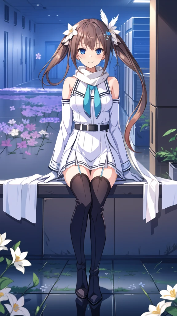 1girl, solo, breasts, looking at viewer, smile, sitting, brown hair, hair ornament, bow, ribbon, gloves, dress, thighhighs, holding, hair between eyes, closed mouth, bare shoulders, medium breasts, standing, full body, blue eyes, braid, hair ribbon, multicolored hair, red hair, flower, sidelocks, boots, detached sleeves, sky, black gloves, hair flower, white dress, holding weapon, scarf, white thighhighs, holding book, thigh boots, virtual youtuber, belt, black footwear, white flower, feathers, white scarf, feather hair ornament, floral print, blue shirt, own hands together, blue ribbon, 